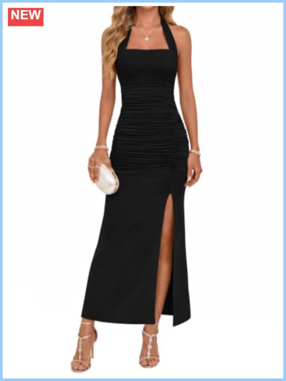 Womens Bodycon Maxi Dress Halter Tie Neck Open Back Ruched High Slit Stretch